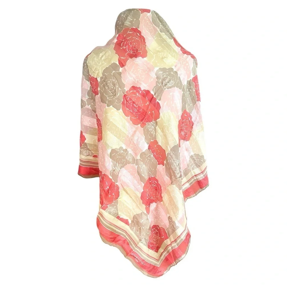 GIVENCHY Beautiful Rose, Pink and Beige Rose Flower Pattern 100% Silk Scarf